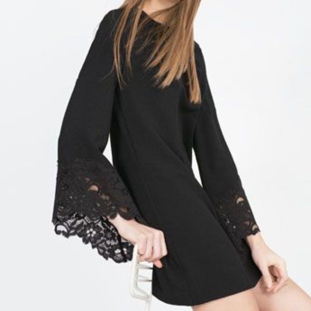 Zara Guipure Lace Flared Bell Sleeve Dress Black